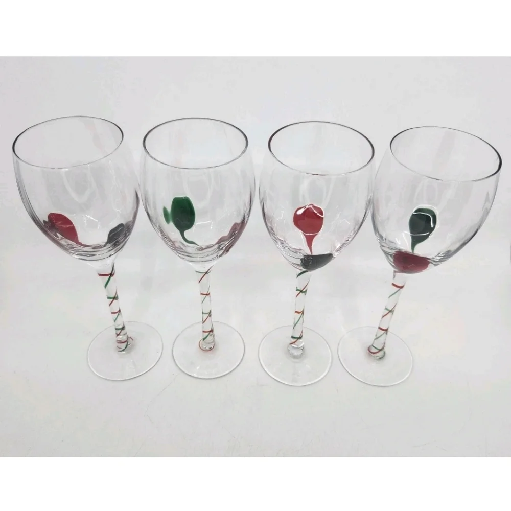Pier 1 Red Green Teardrop Ribbon Swirl Stemmed Wine Glasses Goblets P1C41 Set 4